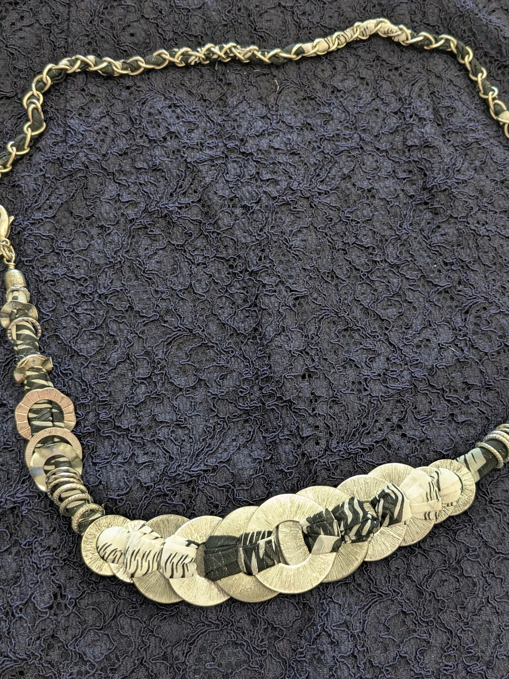 Chico's Gold-Tone Layered Disc Necklace with Black Wrap Accents